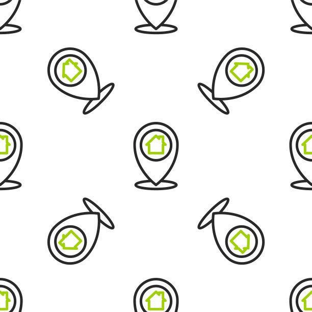 线地图指针与房子图标隔离无缝图案在白色背景。主位置标记符号。向量图片下载