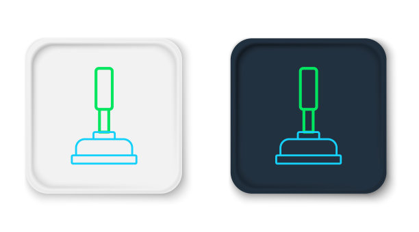 管线橡胶柱塞，木质手柄，用于白色背景上隔离的管道清洗图标。刷马桶的刷子。色彩缤纷的轮廓概念。向量图片下载