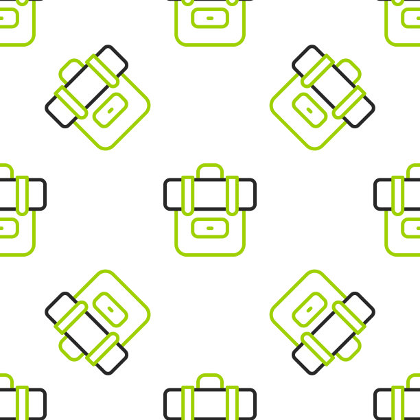 行徒步背包图标隔离无缝图案白色背景。露营和登山探险双肩包。向量图片下载