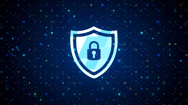 未来的蓝色白色数字安全盾锁符号上深蓝色彩色盾锁粒子闪烁图案图片下载