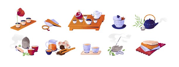 东方茶道属性集:杯、壶、桌、盘、巾、香、碗。绿茶、普洱茶、乌龙茶。和中国的传统。平面矢量插图隔离在白色背景图片下载