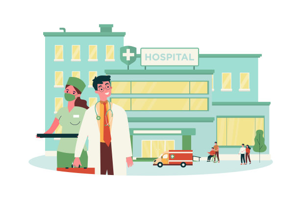 医院大楼与医生和病人矢量插图图片下载