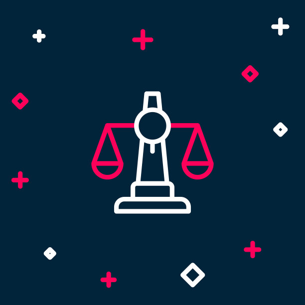 线尺度的正义图标孤立的蓝色背景。法庭符号。平衡刻度符号。色彩缤纷的轮廓概念。向量图片下载