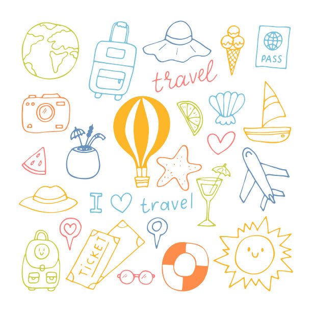 手绘的旅行图标集。假期，假期，旅行之旅。夏天收集。设计元素图片下载