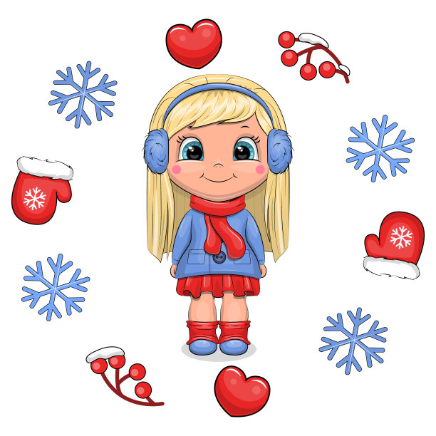 冬季相框中可爱的卡通金发女孩图片下载