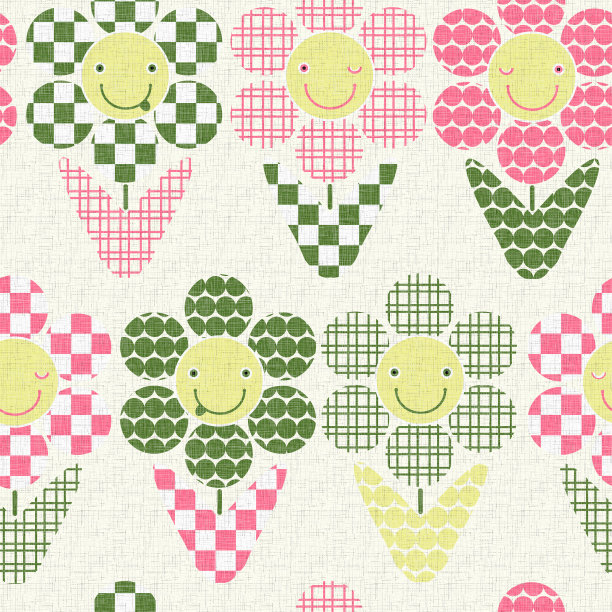 无缝图案“可爱的娃娃花与面孔”。图片下载