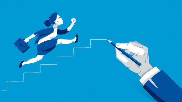 商业女性在楼梯上奔跑和匆忙，由老板矢量插图的大手绘制，有趣的漫画可爱的卡通工人或员工激励事业发展成功。图片下载