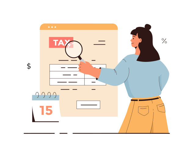 税务审计、计算、咨询、分析。会计，报表，审计，税务流程，财务管理理念。拿着放大镜的女人，税单，日历。卡通矢量插图。图片下载