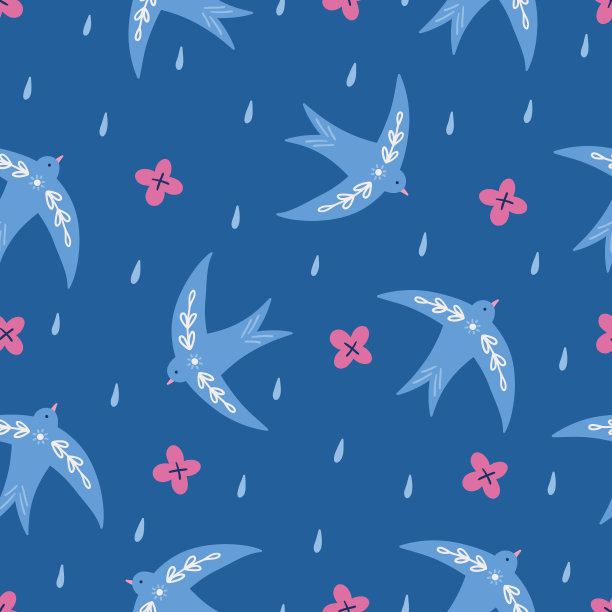 夏天无缝图案有燕子、花和雨滴图片下载