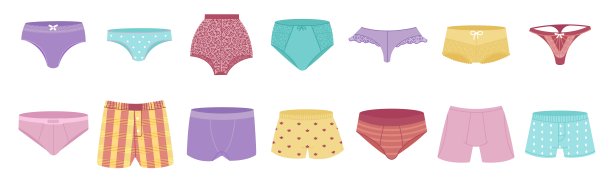 男性女性内衣。内衣内裤，女孩和男孩的内裤。泳装和内裤，时尚扁平成人服装，体面的矢量收集图片下载