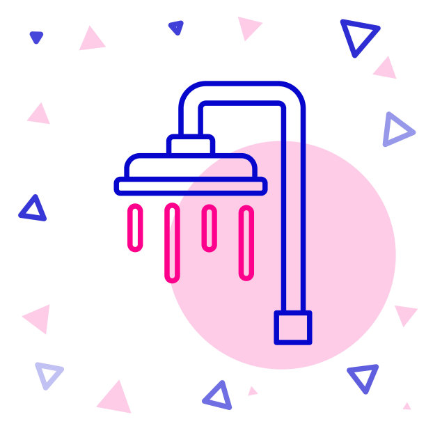 线淋浴头与水滴流动图标隔离在白色背景。色彩缤纷的轮廓概念。向量图片下载