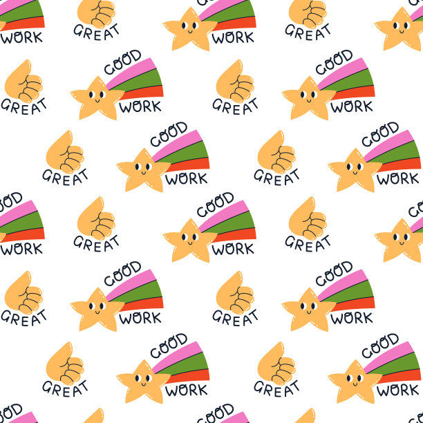 矢量无缝模式与激励短语。可爱的背景竖起大拇指和流星。有趣的模式与文字好的工作和伟大的。学习和教育的动力。成功的概念。图片下载