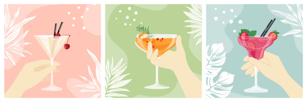 一套矢量明信片。手握鸡尾酒，背景色彩明亮。图片下载