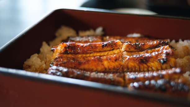 在鳗鱼餐厅里，用酱汁在木炭上烤的鳗鱼看起来很好吃。图片下载