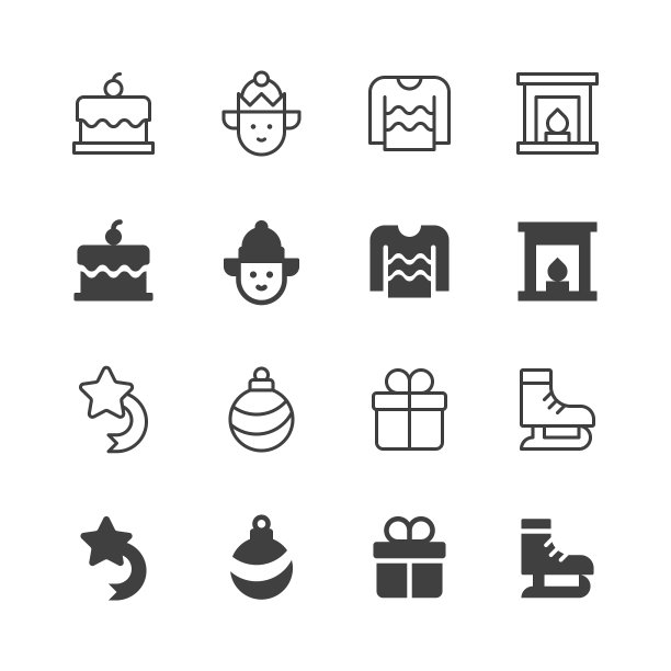 圣诞线和固体图标。可编辑的笔画，包含如伯利恒星，蛋糕，圣诞球，圣诞星，精灵，壁炉，礼物，溜冰鞋，雪橇，雪球，毛衣等图标。图片下载