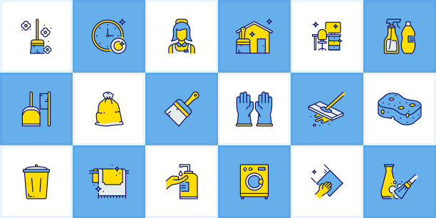 清洁相关的平线图标。向量符号说明。图片下载