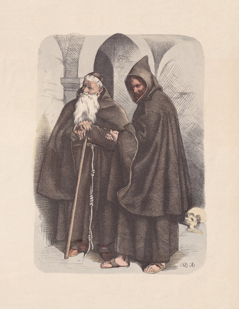 宗教习惯，僧帽，手工着色木刻，约1880年出版图片下载