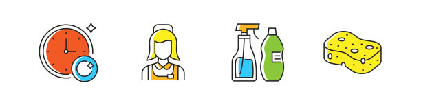 清理相关的矢量平线图标。大纲符号集合。图片下载