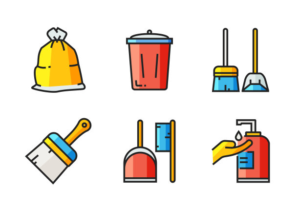 清洁相关的平线图标。向量符号说明。图片下载