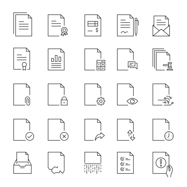 文档相关的线条图标集。可编辑的中风。简单的轮廓图标。图片下载