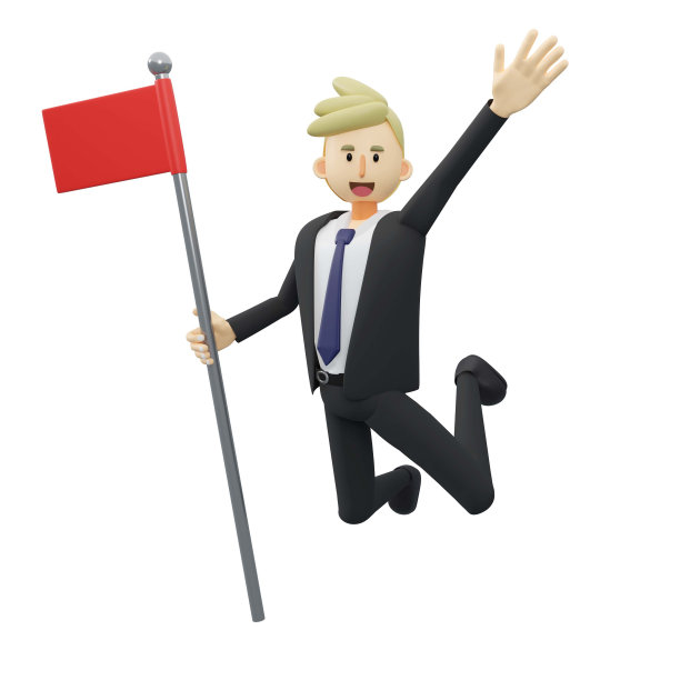 快乐商人举着目标旗跳跃，成功理念。3d渲染卡通插图。图片下载