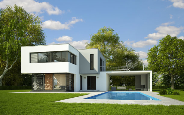 带游泳池的现代立方别墅图片下载