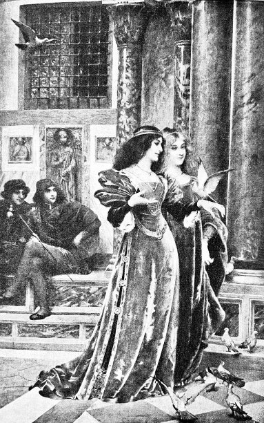 威尼斯圣马可的鸽子，两个美丽的年轻女子站在柱子前图片下载