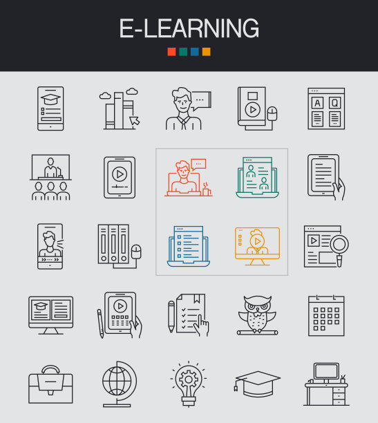 电子学习线图标可编辑笔画。理念，电子书，远程教育，网络研讨会，证书，知识，教程图片下载