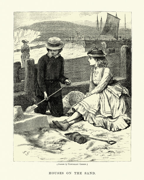 孩子们在沙滩上建造沙堡，维多利亚时代，19世纪图片下载