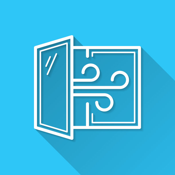 打开窗户，让房间通风。图标在蓝色背景-平面设计与长阴影图片下载