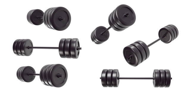 设置生动的卡通黑色铁杠铃的各种观点孤立在白色的背景。收集最小的明亮渲染在玩具风格。可爱的3d插图。图片下载
