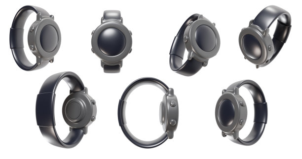 集生动的卡通黑色智能手表的各种观点隔离在白色的背景。收集最小的明亮渲染设备在玩具风格。可爱的3d插图。图片下载