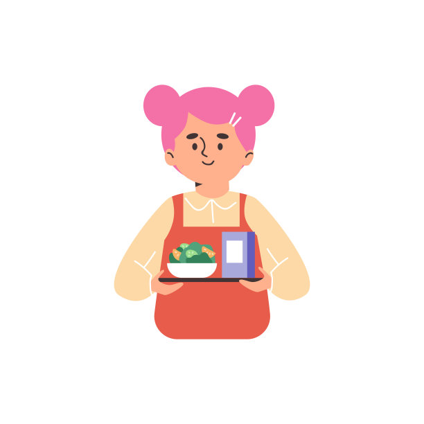 可爱的女孩携带食物托盘与沙拉碗，平面矢量插图孤立在白色背景。在校学生或小学生在学校自助餐厅或食堂吃午餐。图片下载