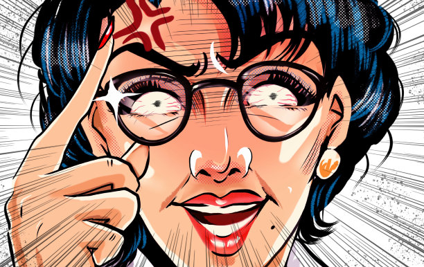 美国漫画风格的彩色插图，一个怪物的父母教育妈妈与眼镜谁突然从它。图片下载