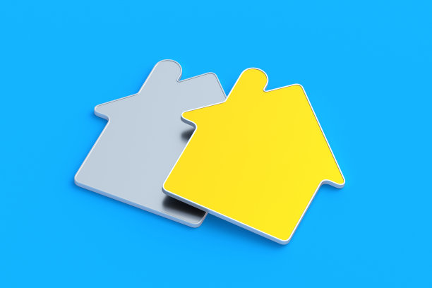 房子的两个金属剪影。买，卖房子。租金和抵押贷款。三维渲染图片下载