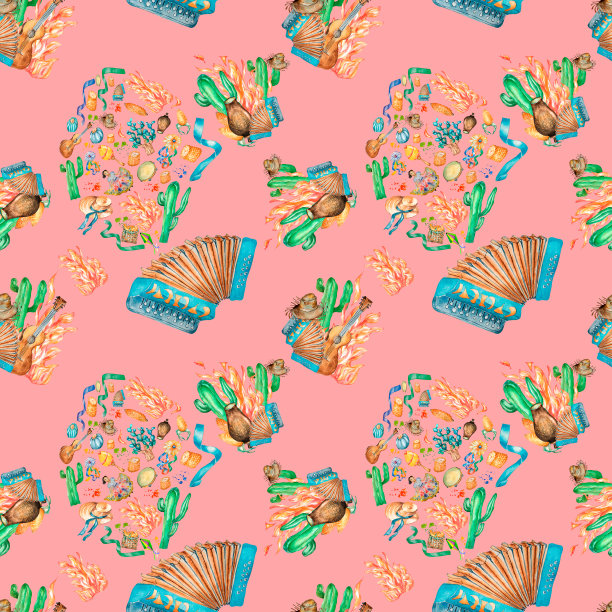 无缝图案的节日与手风琴水彩插图图片下载