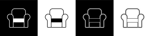 设置扶手椅图标孤立在黑色和白色图片下载