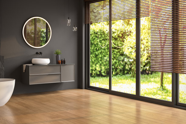 现代浴室内饰，白色浴缸和别致的梳妆台，黑色墙壁，拼花地板。图片下载