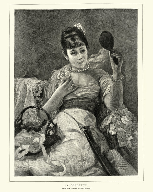 卖弄风情的年轻女子照镜子，19世纪图片下载