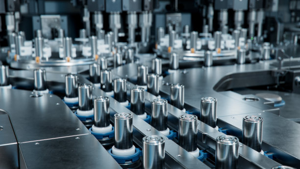 输送带上的高容量电池。高压电动汽车用锂离子电池制造工艺。生产线上汽车工业用电芯。图片下载