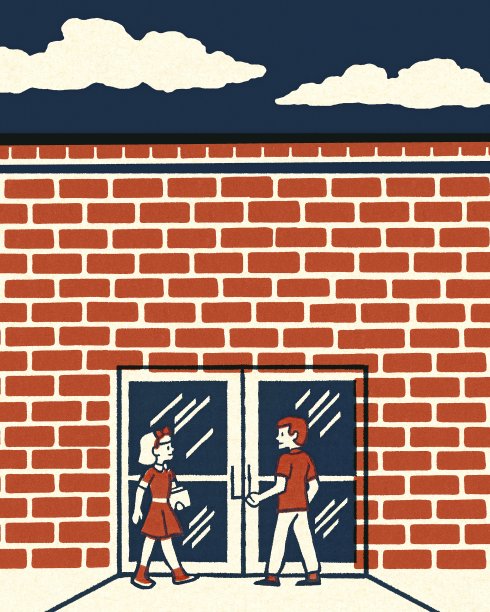 两个孩子在大楼入口处图片下载