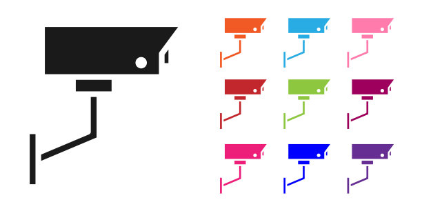 黑色安全摄像头图标孤立在白色背景上。设置图标丰富多彩。矢量图图片下载