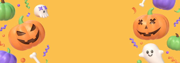 带有复制空间的抽象水平横幅。万圣节，3D卡通风格。节日主题的帽子网站。万圣节背景创意设计。橙色背景的节日海报。三维渲染图片下载
