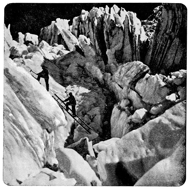 19世纪，法国奥弗涅-莱茵-阿尔卑斯山脉勃朗峰的芒德格拉斯冰川上的徒步旅行者图片下载