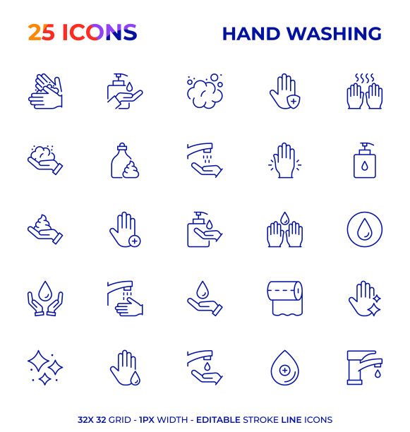 洗手可编辑的笔画线图标系列图片下载
