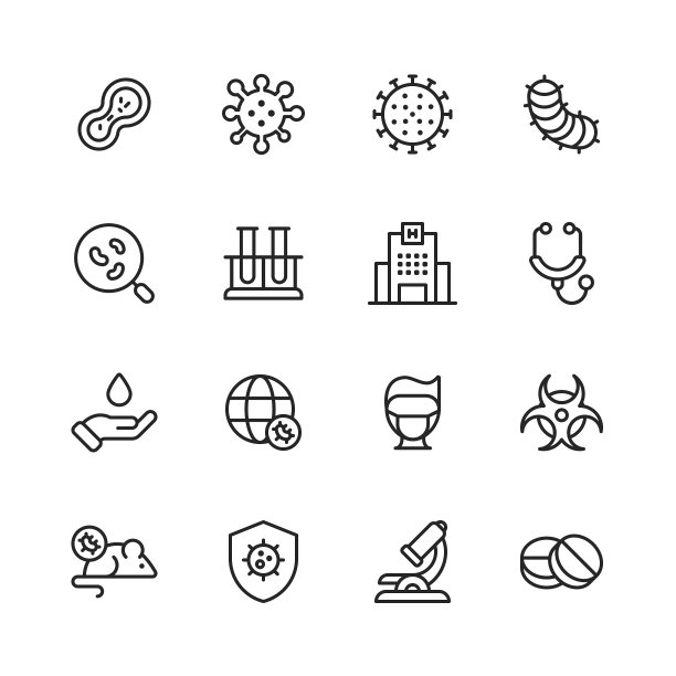 病毒和疾病线图标。可编辑的中风。像素完美。移动和网络。包含细菌、感染、疾病、病毒、细胞、流感、研究、流行病、口腔等图标。图片下载