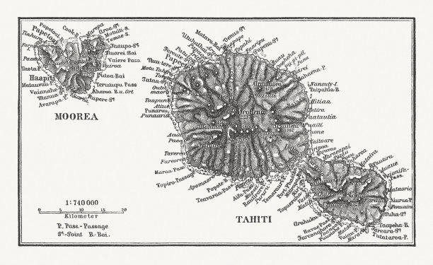 莫雷阿和塔希提的历史地图，木刻，出版于1897年图片下载