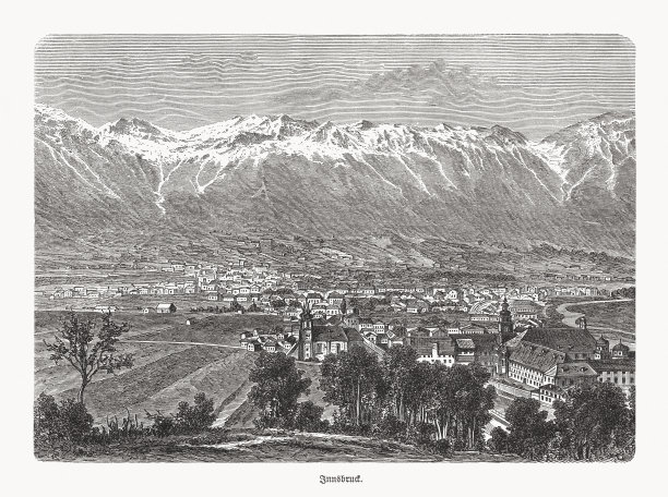 奥地利，蒂罗尔，因斯布鲁克的历史观，木刻，1893年出版图片下载