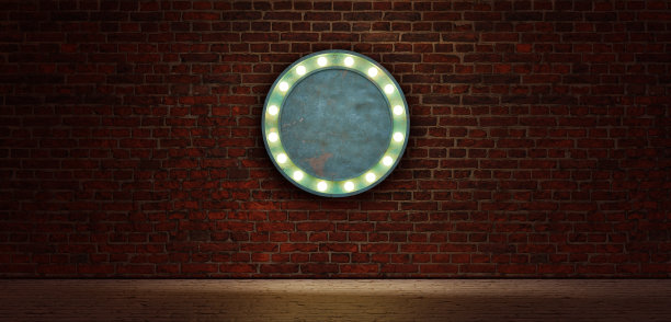 发光的霓虹灯圆形框架在复古风格砖墙背景广告牌标志长广告牌空白辉光标志与霓虹灯3d插图图片下载