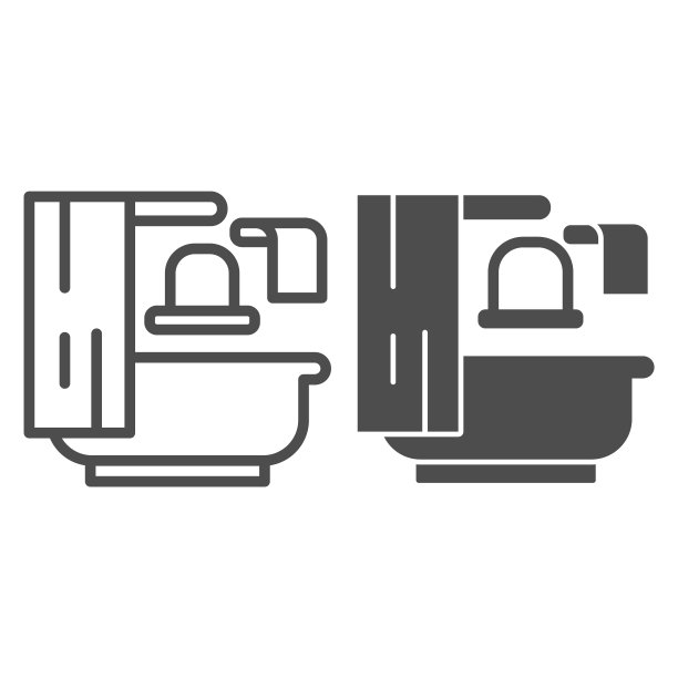 浴室，镜子和毛巾线和固体图标，室内设计概念，白色背景上的浴室标志，浴室与窗帘和镜子图标在轮廓风格的移动概念。矢量图形。图片下载